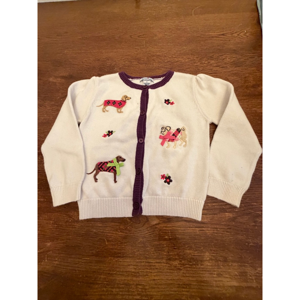 Hartstrings Girls Size 4 Cardigan Dog Applique Argyle Sweater Cream Burgundy